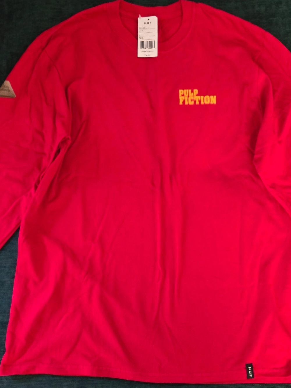 HUF Red Long-Sleeve Tee with Yellow Pulp Fiction Chest Logo